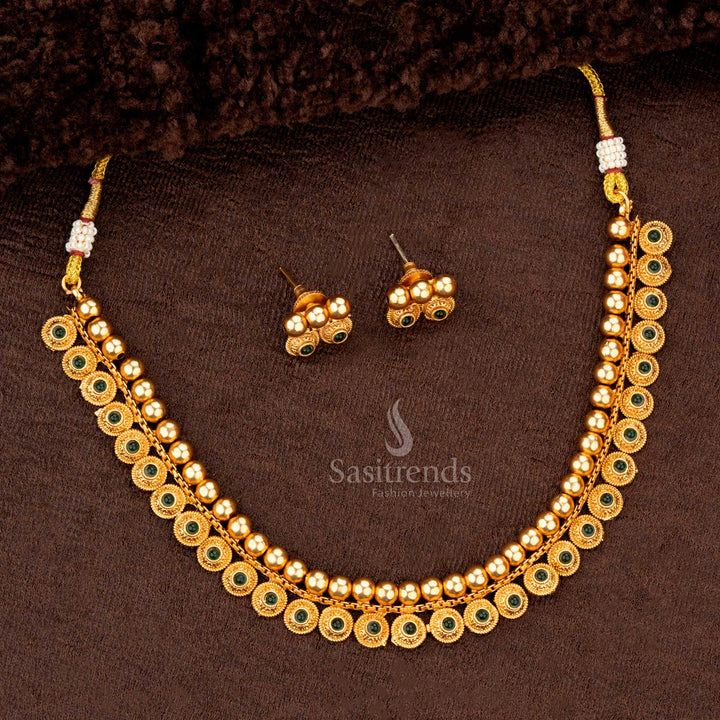 Elegant green motif necklace set with circular design and traditional matte gold appeal - Sasitrends