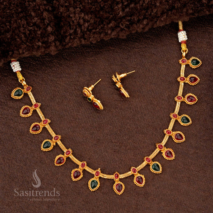 Traditional Classic Temple Matte Gold-Plated Necklace Jewellery Set with Drop Motifs and Stone Accents - Sasitrends