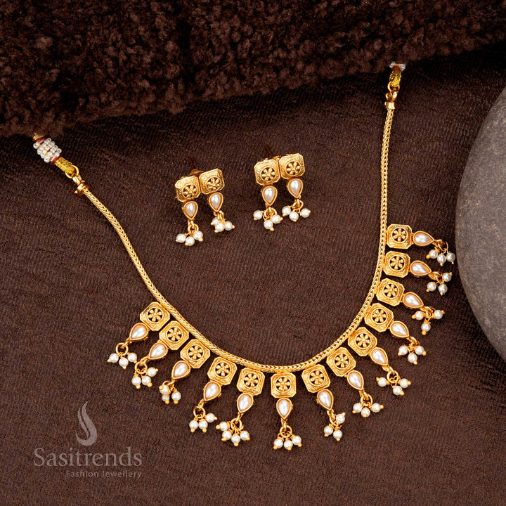 Elegant Classic Temple Matte Gold-Plated Necklace Jewellery Set with Square Motifs, Pearls, and Drop Accents - Sasitrends