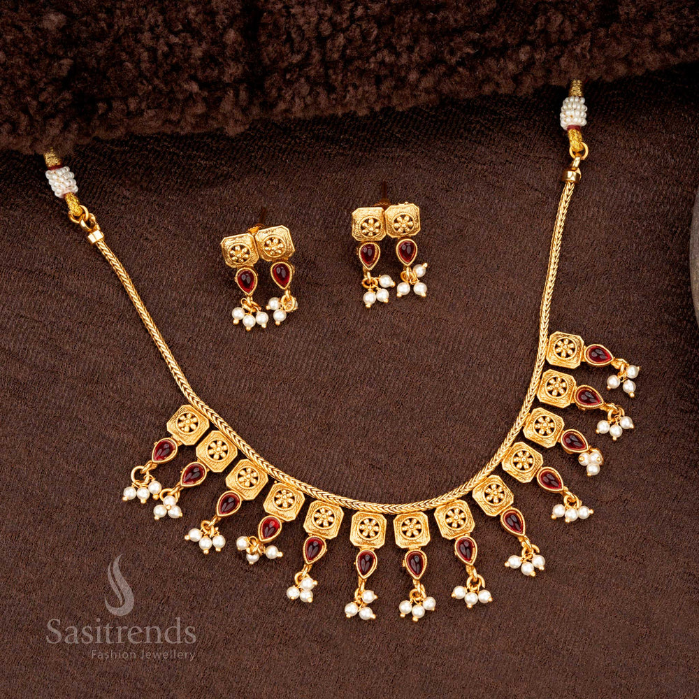 Classic temple necklace set with square floral motifs, ruby stones, and pearls - Sasitrends