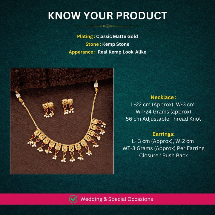 Matte gold temple jewellery featuring square floral motifs with ruby-green accents - Sasitrends