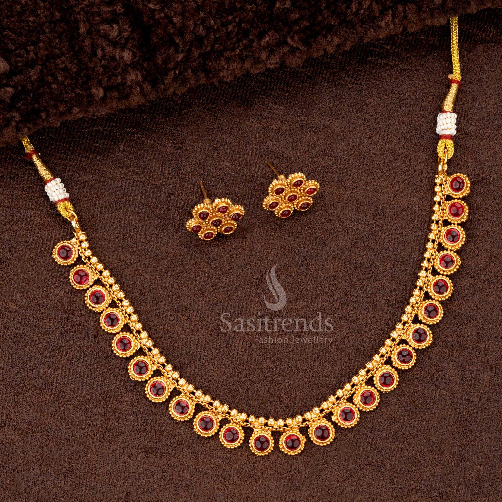 Ruby-accented circular motif necklace set with gold bead detailing - Sasitrends