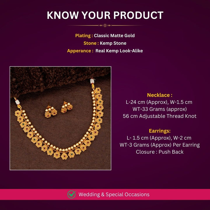 Elegant ruby-accented flower motif jewellery set in matte gold - Sasitrends