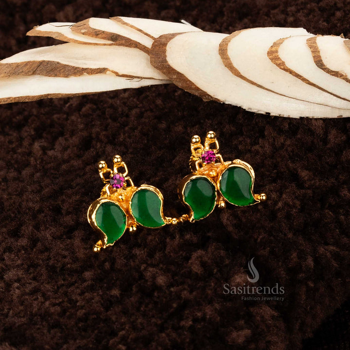 Close-up of Green Palakka Mango Earrings , Micro Gold Plated with Screw Type - Sasitrends