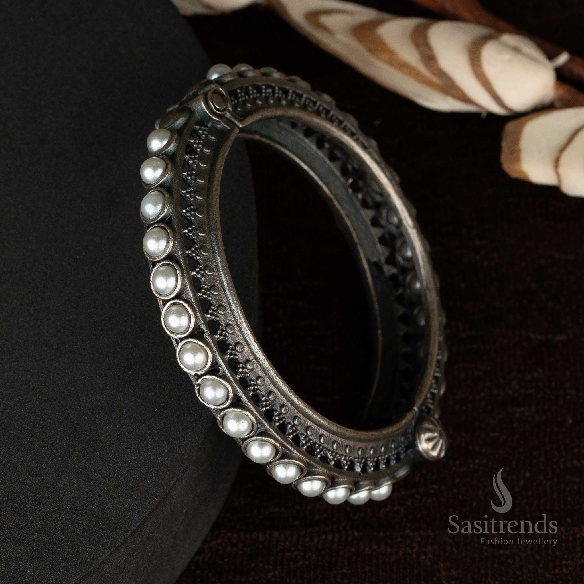 Unique pearl pattern kada bangle in oxidised silver - Sasitrends