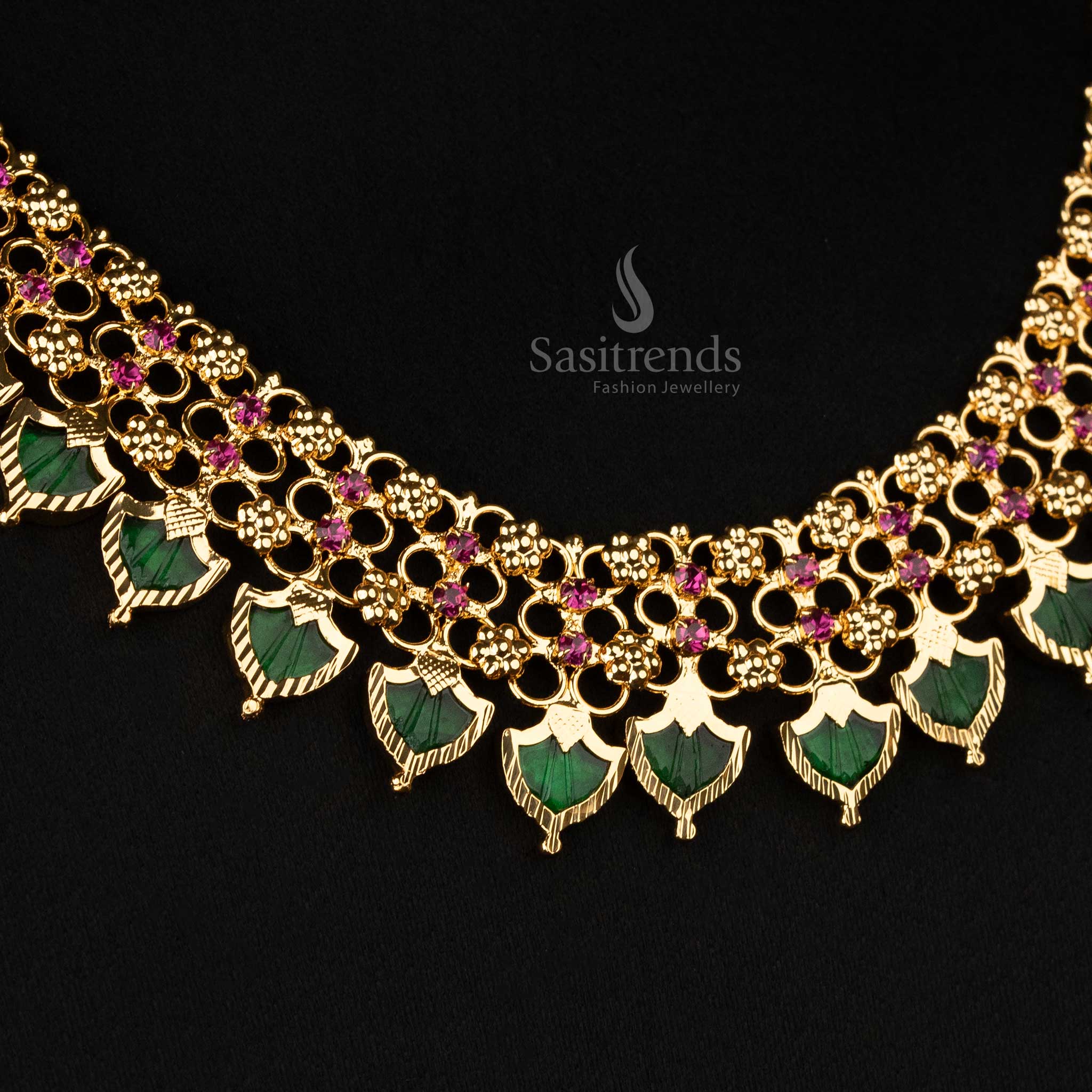 A beautifully crafted Palakka necklace with ruby-green accents in a two-line design, perfect for Indian festive attire - Sasitrends