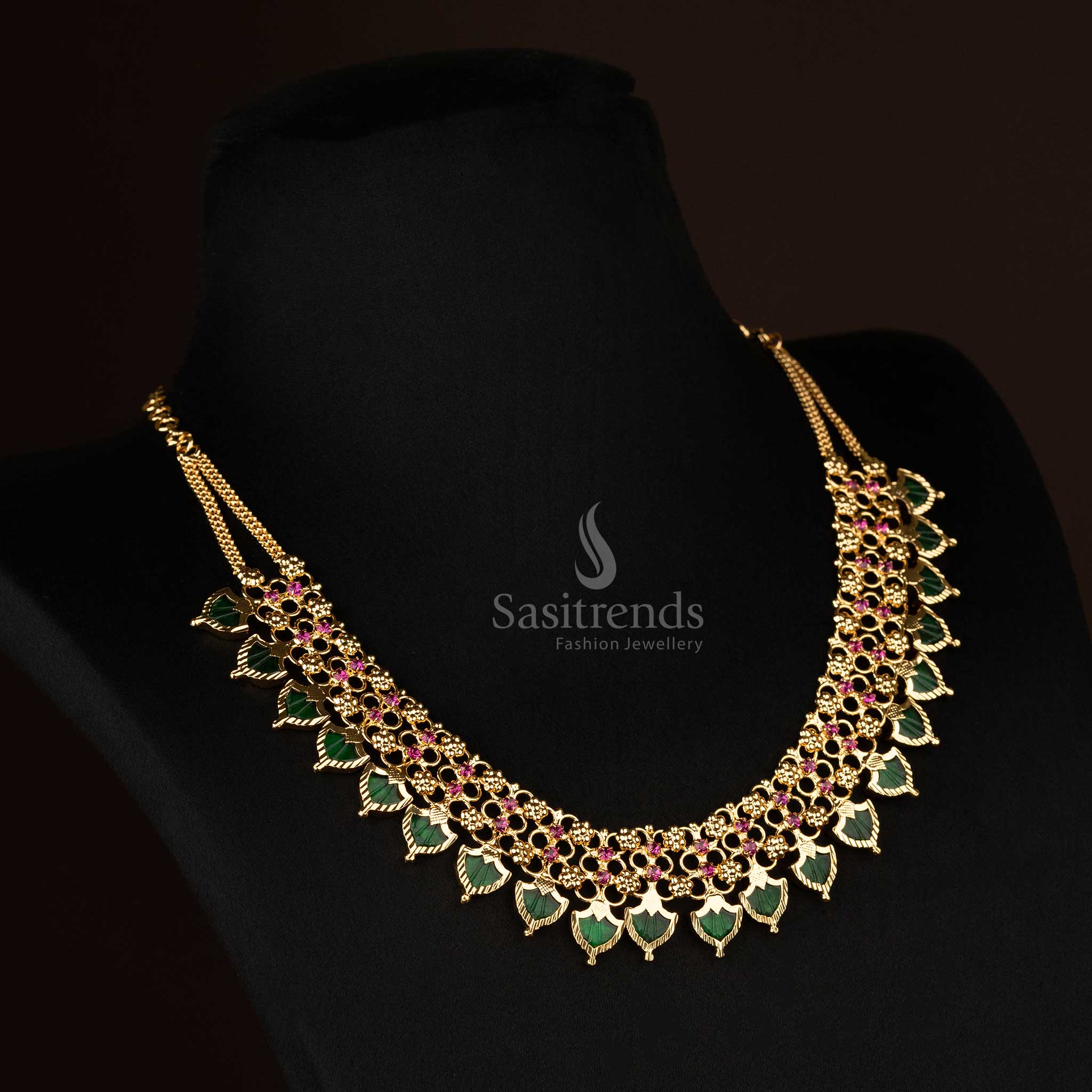 Sophisticated micro gold-plated Palakka necklace featuring ruby and green stones in a traditional two-line design, ideal for festivals - Sasitrends