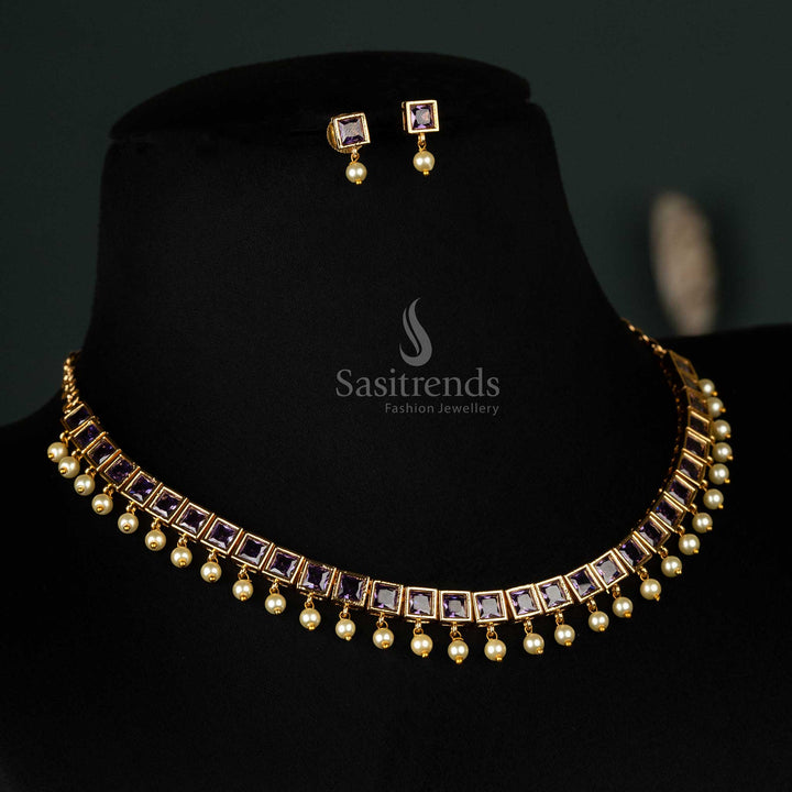 Regal American Diamond micro gold-plated square necklace jewellery set with pearl hanging, highlighted by small purple stones, perfect for royal occasions - Sasitrends