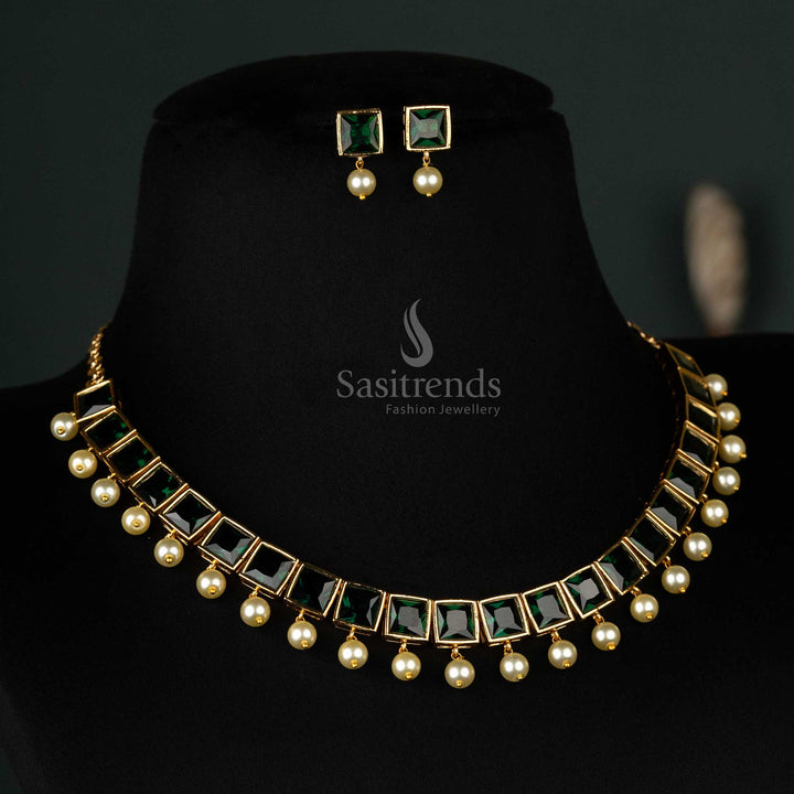 Radiant American Diamond micro gold-plated necklace with pearl hanging and big green square stones, exuding elegance for festive and formal occasions - Sasitrends