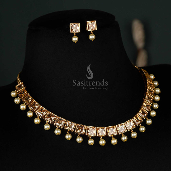 Radiant American Diamond micro gold-plated necklace jewellery set with pearl hanging, highlighted by large honey-colored square stones, perfect for warm and luxurious styling - Sasitrends