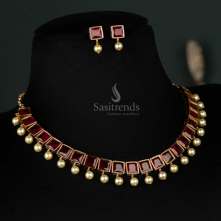 Brilliant American Diamond micro gold-plated necklace set with pearl hanging, featuring large ruby square stones for a timeless luxurious appeal - Sasitrends