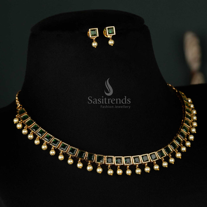 Graceful American Diamond micro gold-plated necklace jewellery set with pearl hanging, featuring small green square stones for an elegant and vibrant appearance - Sasitrends