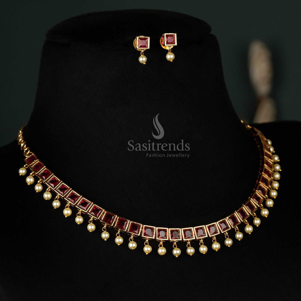 Radiant American Diamond micro gold-plated necklace jewellery set with pearl hanging, adorned with small ruby square stones for a luxurious ethnic look - Sasitrends