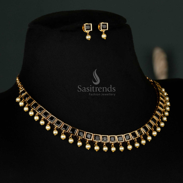 Sophisticated American Diamond micro gold-plated necklace jewellery set with pearl hanging, enhanced by small black square stones, ideal for versatile styling - Sasitrends