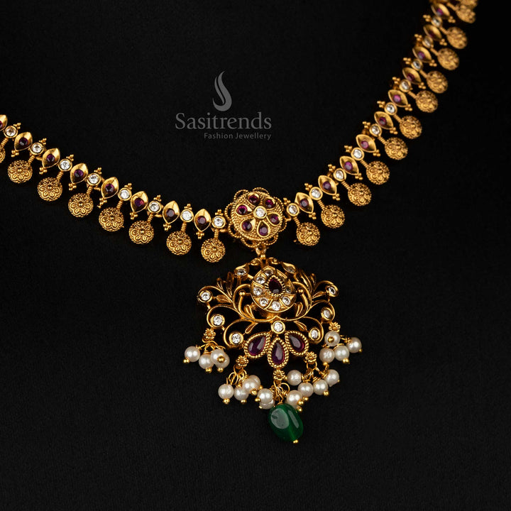 Luxurious matte gold bridal jewellery set featuring ruby stones and intricate floral motifs for an elegant look - Sasitrends