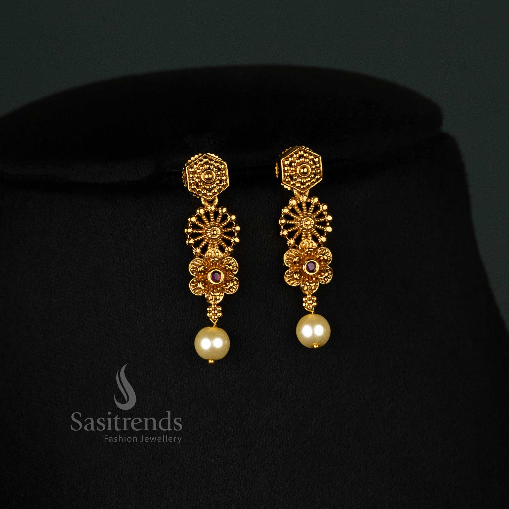 Luxurious matte gold bridal earrings set featuring intricate floral designs and elegant green bead drops - Sasitrends