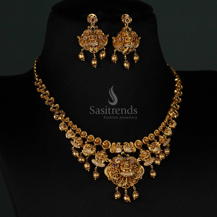 Artistic peacock motif matte gold-plated necklace set featuring temple-style craftsmanship and delicate bead accents - Sasitrends