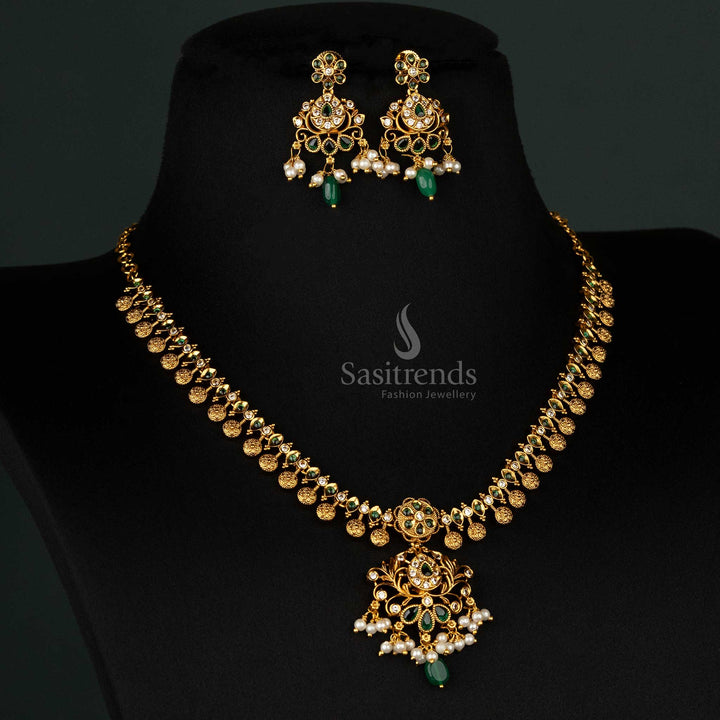 Luxurious matte-finish gold jewellery set with green stones and floral designs, tailored for bridal and traditional wear - Sasitrends