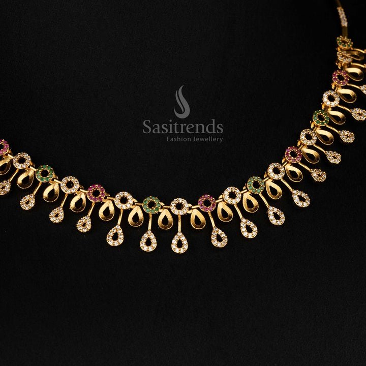 Beautiful American Diamond Teardrop and Floral Motif Necklace Set – Matte Gold Festive Jewellery - Sasitrends