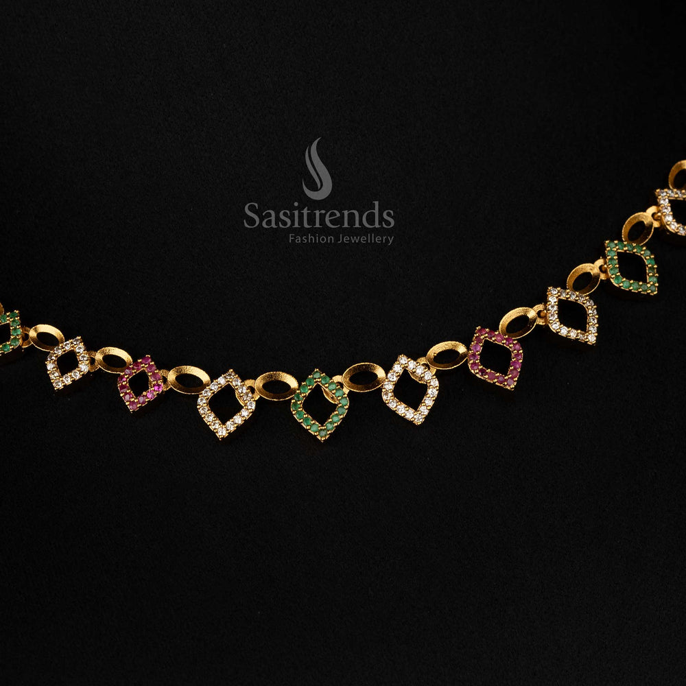 Elegant multicolored temple necklace set with matte gold plating and intricate American diamond detailing - Sasitrends