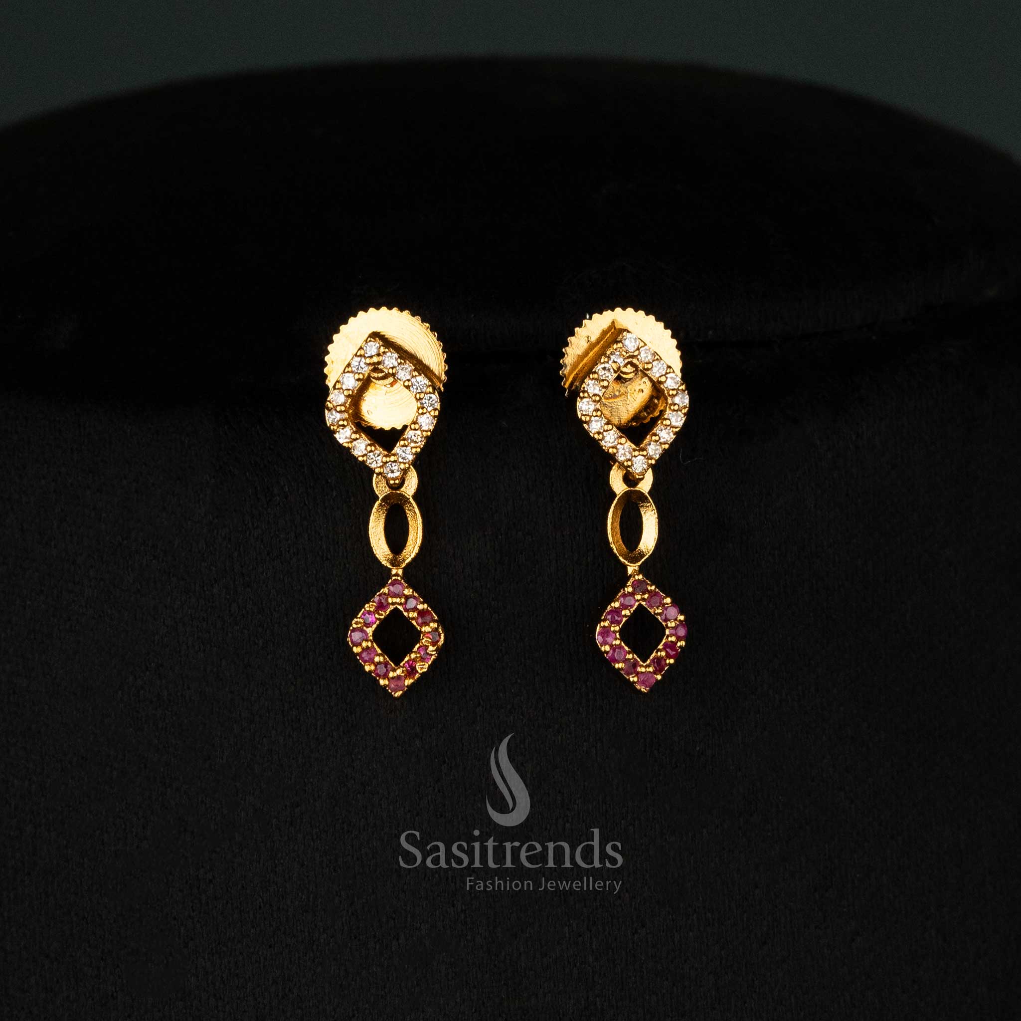 Luxurious temple-style earrings set with American diamonds, multicolored details, and a matte gold finish - Sasitrends