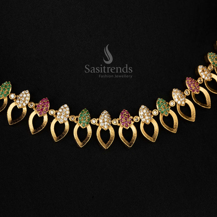 Stunning multicolored floral necklace set with leaf motifs and American diamond embellishments, perfect for festive occasions - Sasitrends