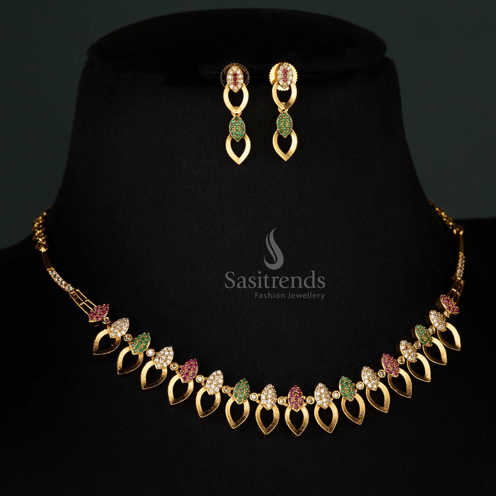 Exquisite matte gold-plated bridal necklace set featuring American diamonds, leaf designs, and colorful floral patterns - Sasitrends