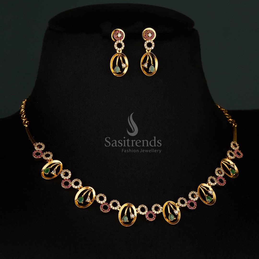 Matte gold necklace set with oval pendants and circular motifs featuring green and pink American diamonds - Sasitrends