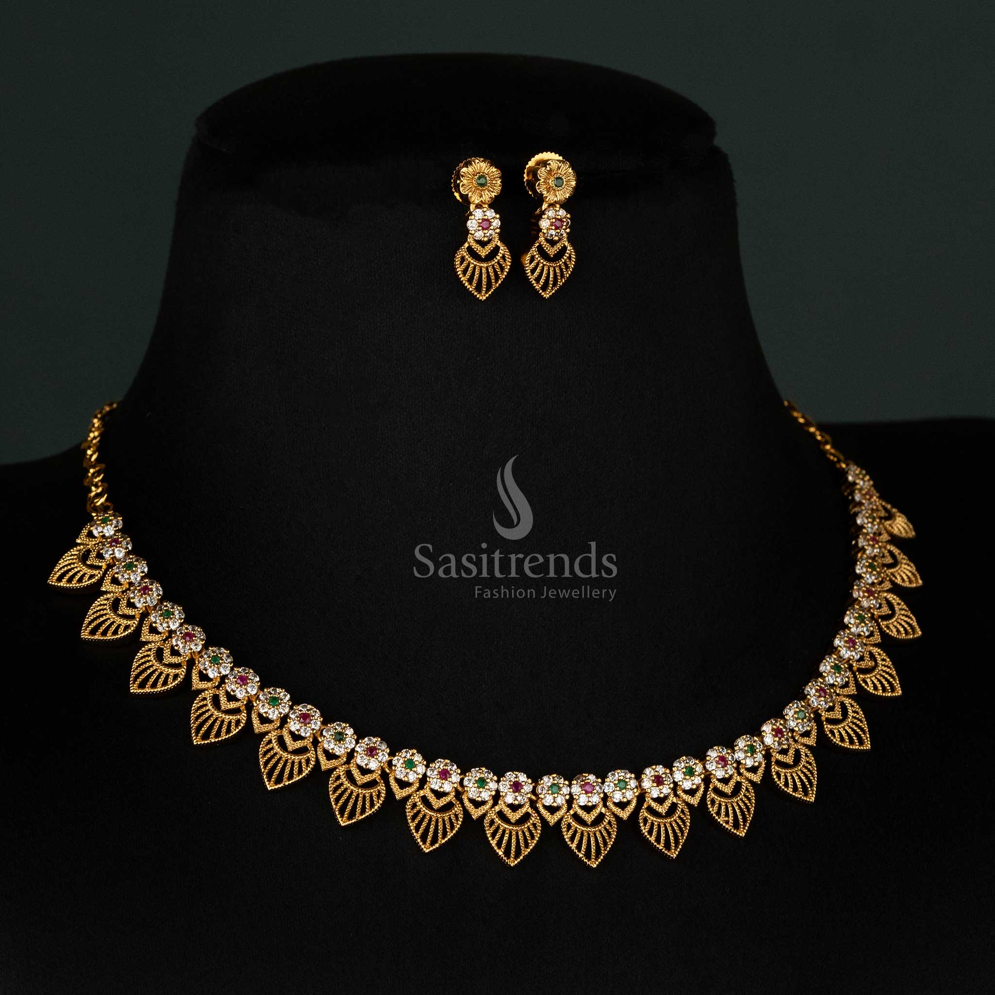 Bridal matte gold plated Short necklace set featuring floral clusters and AD stones – Sasitrends