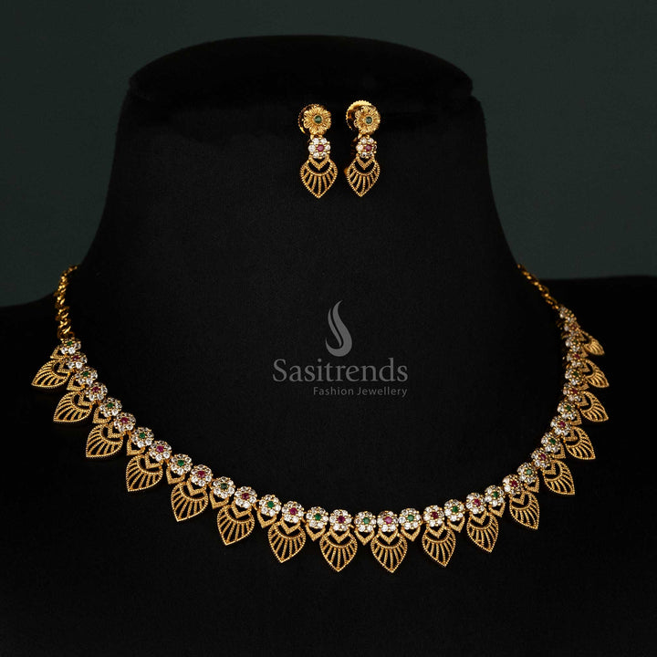 Gorgeous Floral Cluster Premium Matte Gold Plated Necklace Jewellery Set with Intricate Leaf Motif & AD Stone Embellishments - Sasitrends