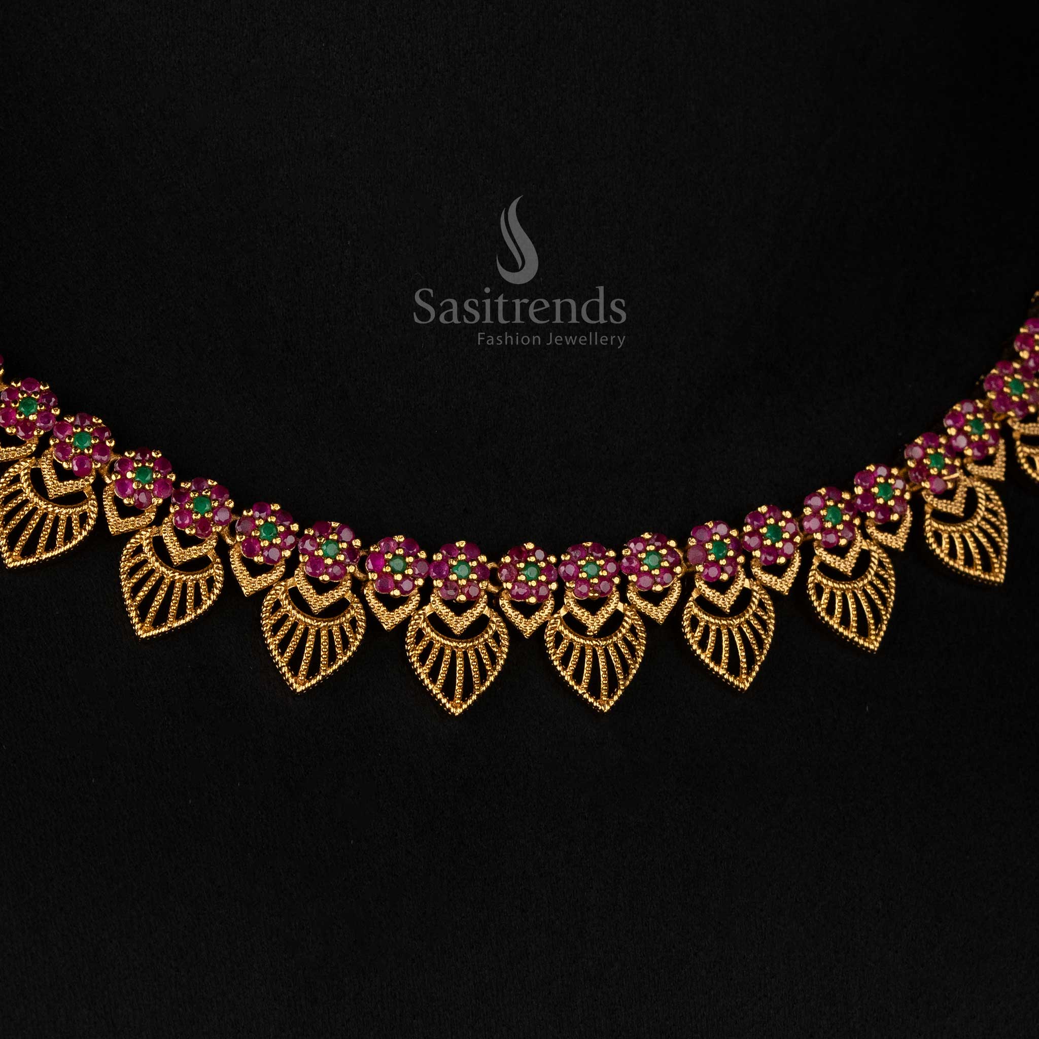 Bridal matte gold plated necklace set featuring Ruby Green floral clusters and AD stones – Sasitrends