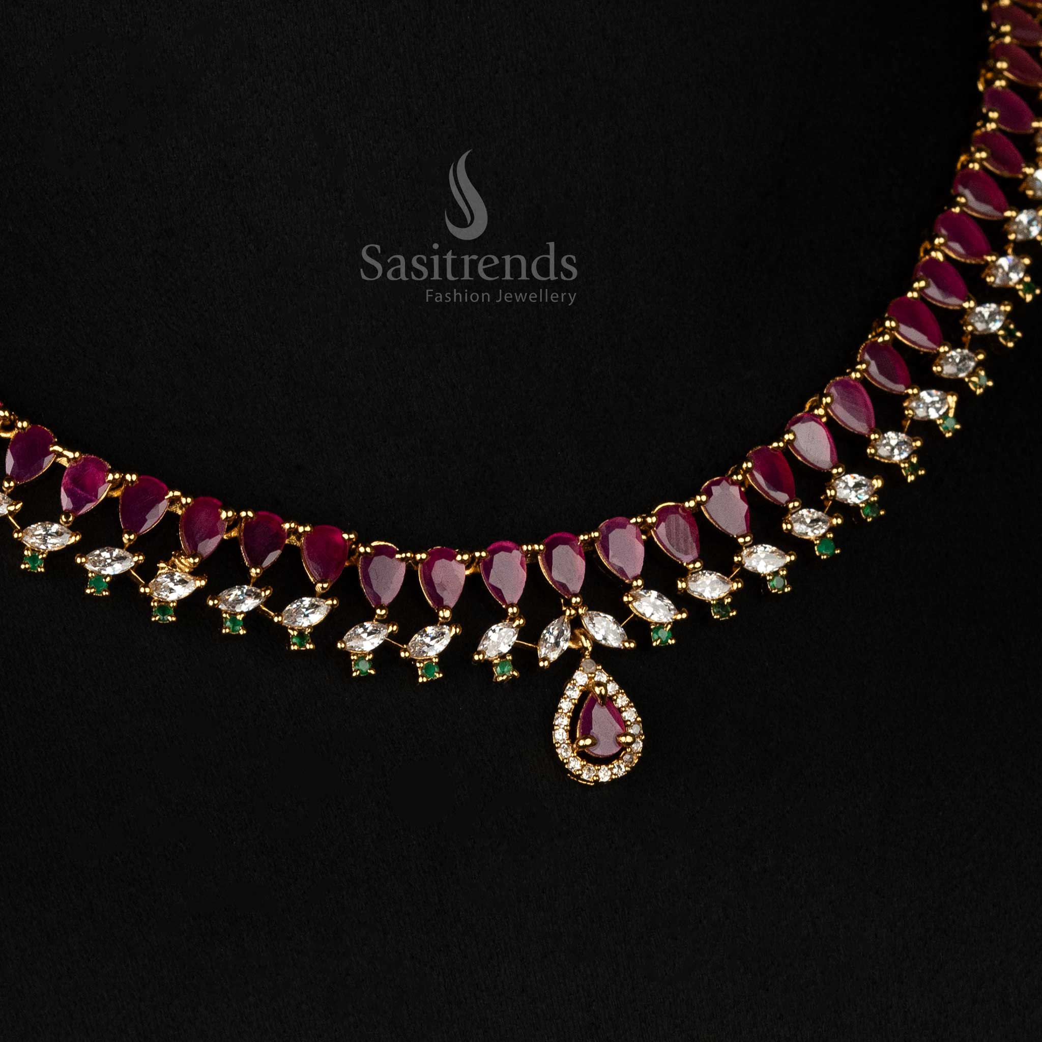 Elegant layered AD stone necklace set with cascading pear-cut stones – Sasitrends