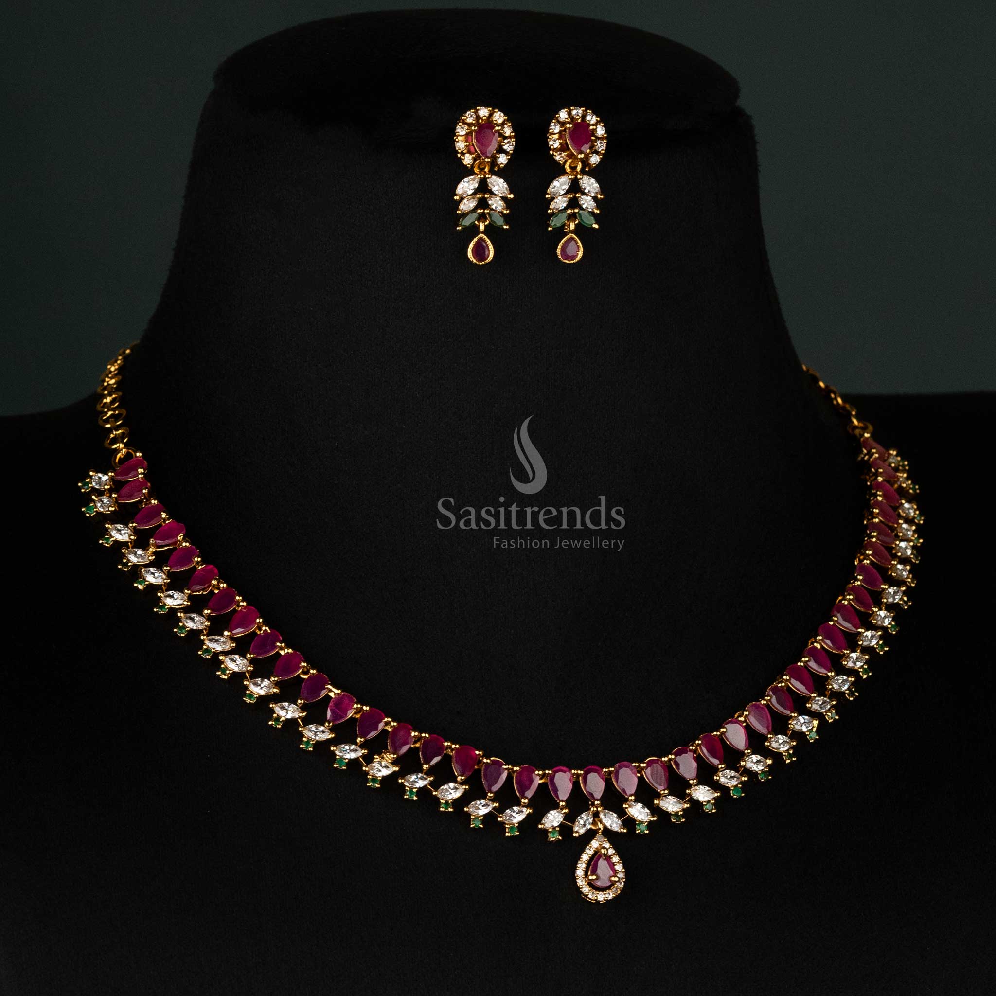 Elegant layered AD stone necklace set with cascading pear-cut stones – Sasitrends