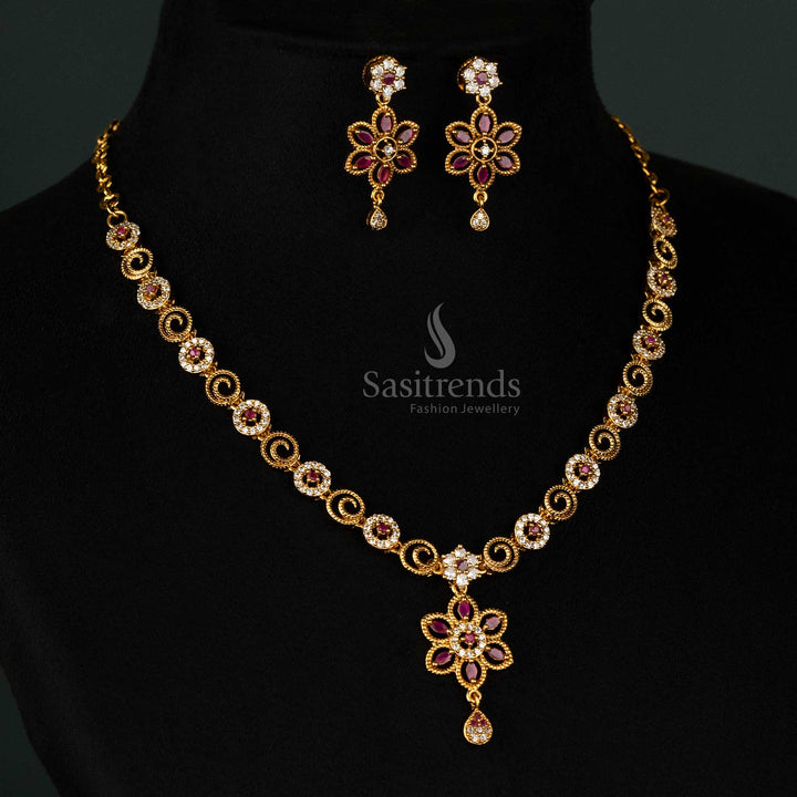 Spectacular floral swirl matte gold plated necklace set with radiant white-ruby AD stones, exquisite drop pendant, and luxurious earrings - Sasitrends