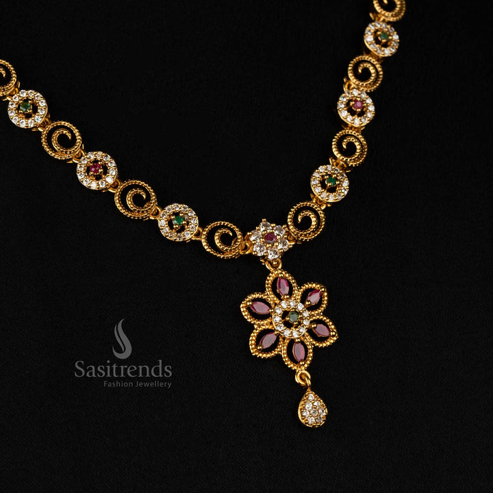 Magnificent floral swirl matte gold plated necklace set adorned with vibrant multi-color AD stones, exquisite drop pendant - Sasitrends