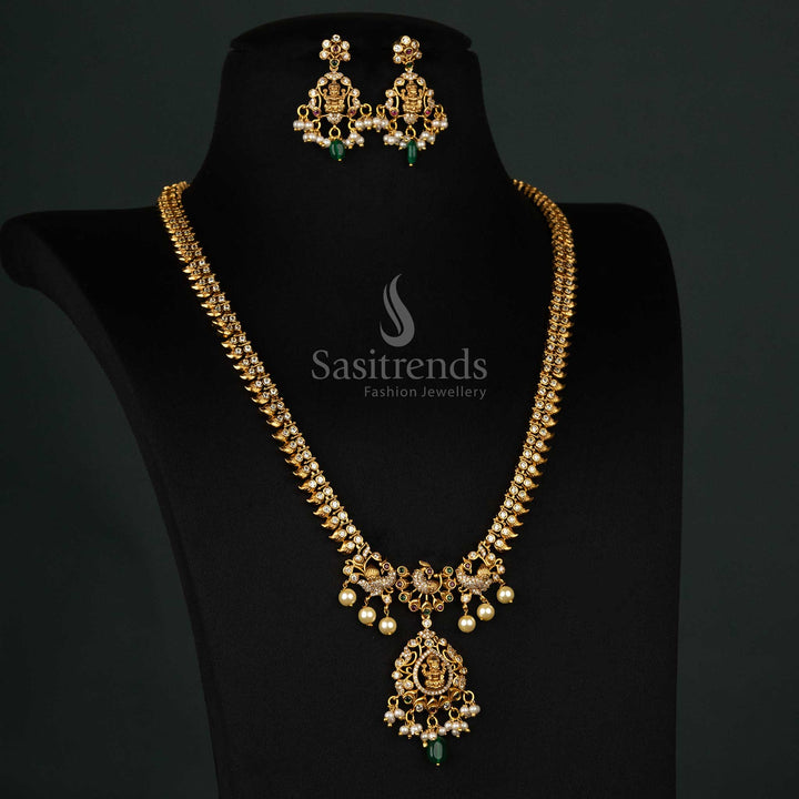 Stylish Premium Temple Matte Gold-Plated Necklace Jewellery Set with Lakshmi Pendant And Peacock Motifs For Special Occasions - Sasitrends