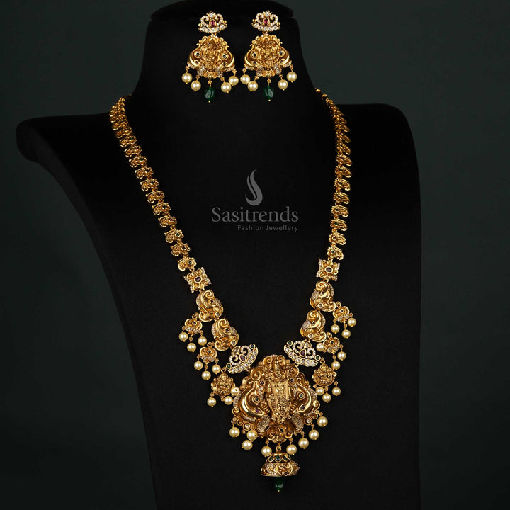 Stunning Look Premium Bridal Temple Matte Gold-Plated Jewellery Set with Lord Balaji Pendant, Elephant Motifs, Pearls, and Colored Stones Perfect for Sarees and Traditional Wear - Sasitrends