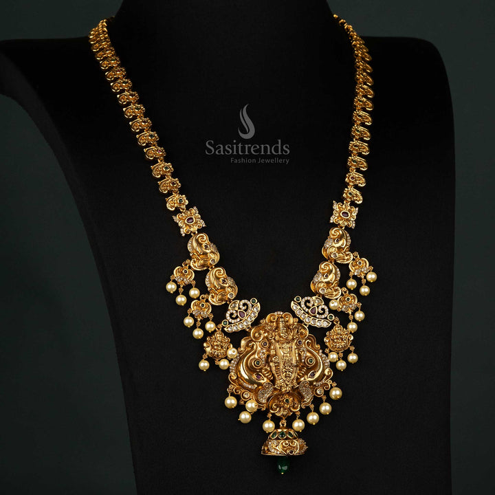 Exquisite temple bridal jewellery with matte gold plating, a Lord Balaji pendant, colorful stones, and fine pearls for traditional wear - Sasitrends