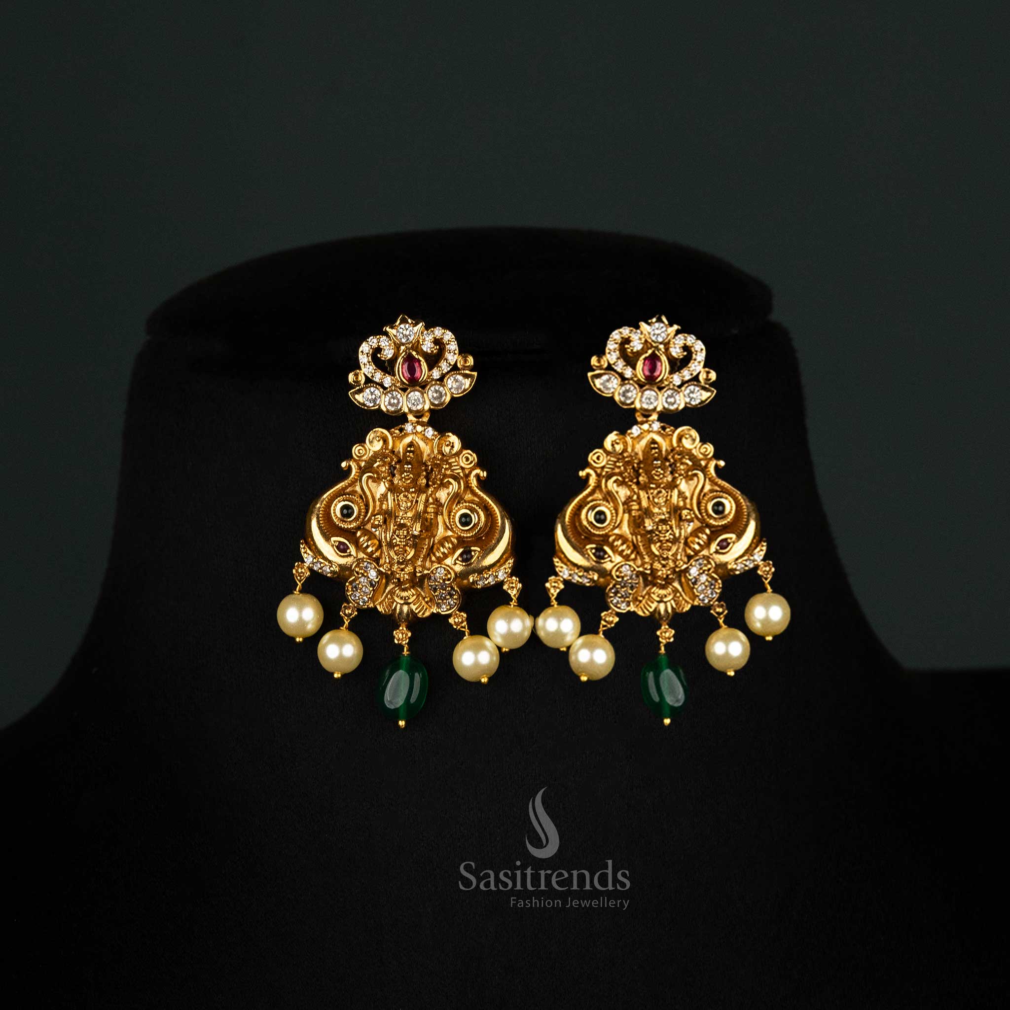 Majestic bridal temple matte gold-plated earrings set featuring a Lord Balaji pendant, elephant motifs, pearls, and colored stones - Sasitrends