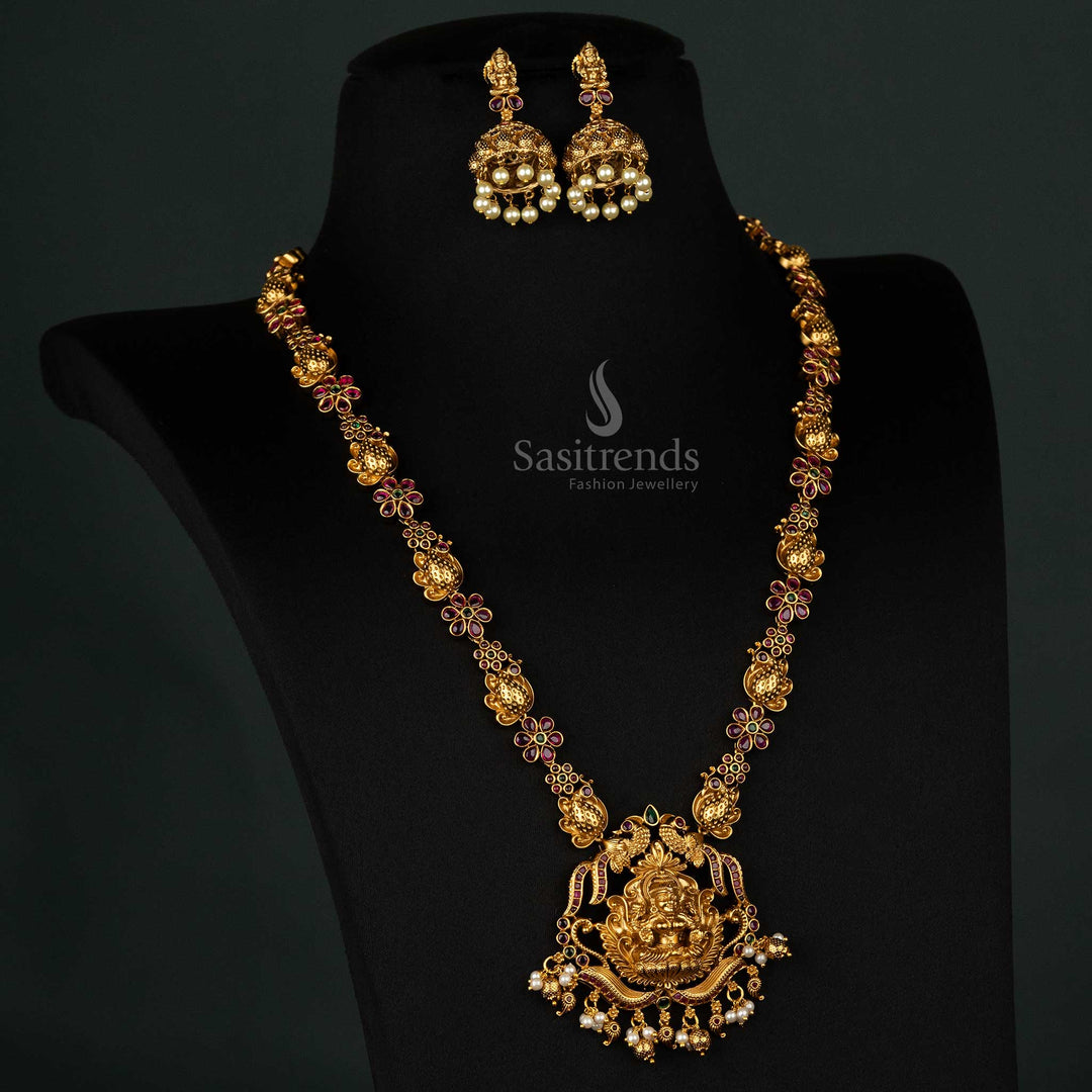 Traditional Premium bridal temple jewellery with intricate peacock,Lakshmi Pendant  and flower details- Sasitrends