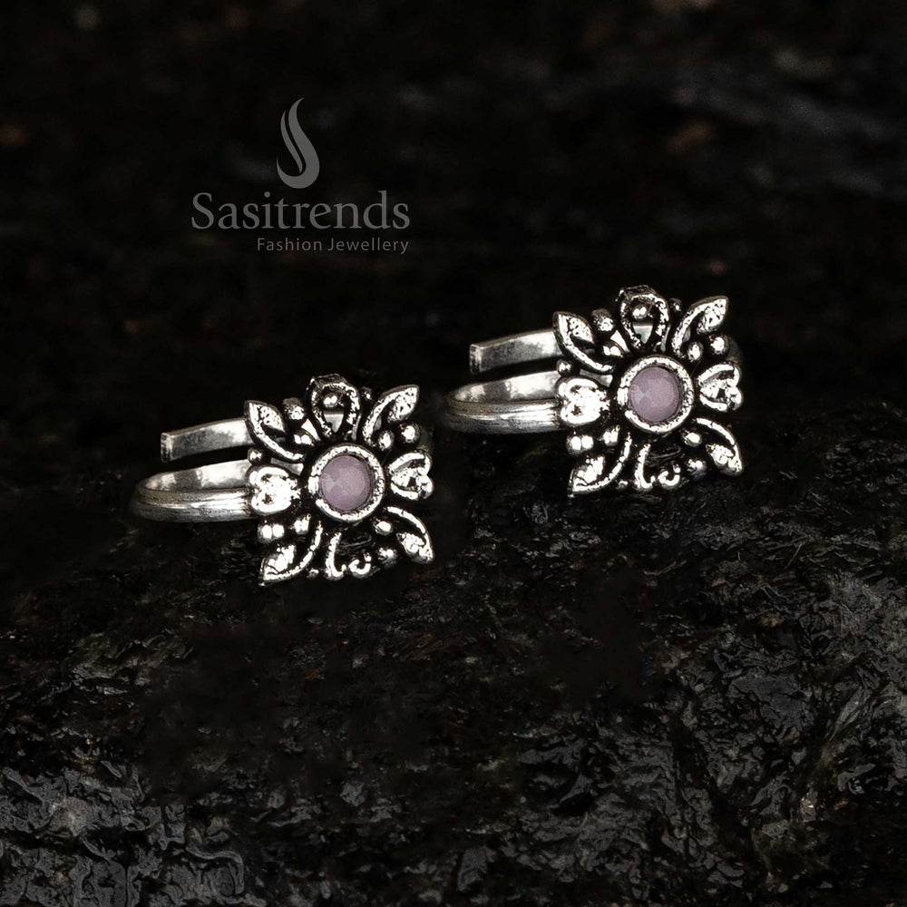 Gorgeous oxidised pink round stone toe ring with square floral design and adjustable band - Sasitrends