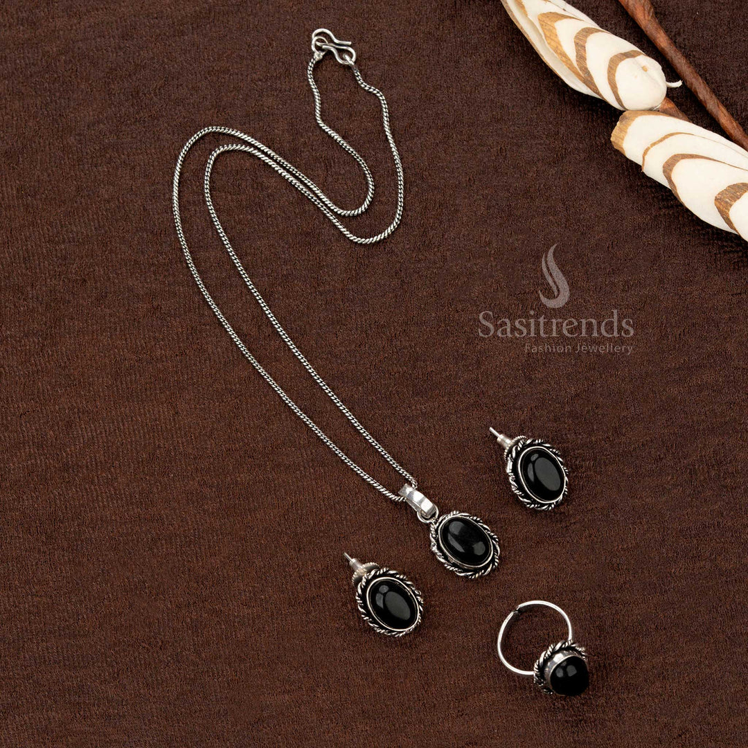 Oxidised chain jewellery set with oval pendant, earrings, and ring - Sasitrends