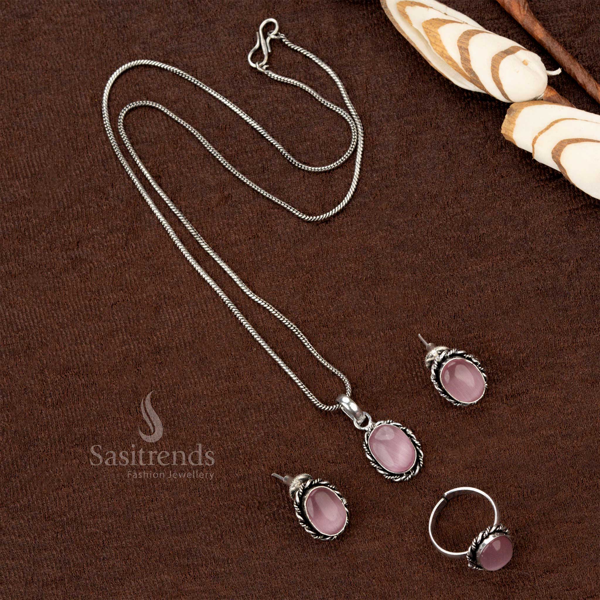 Elegant oxidised necklace set with oval stone pendant and matching pieces - Sasitrends