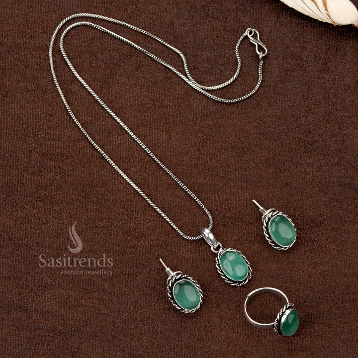 Elegant oxidised necklace set with oval stone pendant and matching pieces - Sasitrends