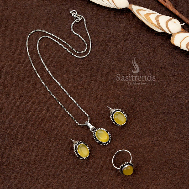 Stylish oxidised jewellery combo set with oval pendant and accessories - Sasitrends