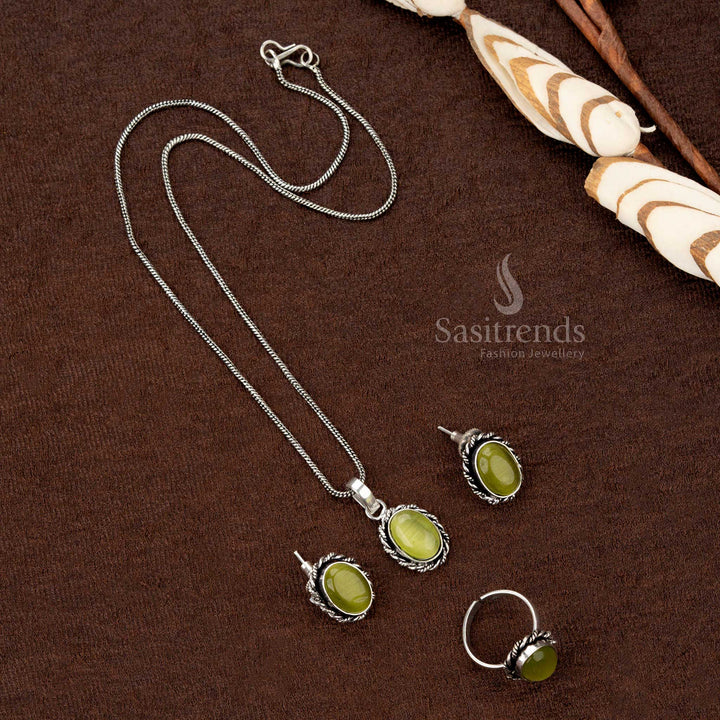 Stylish oxidised jewellery combo set with oval pendant and accessories - Sasitrends