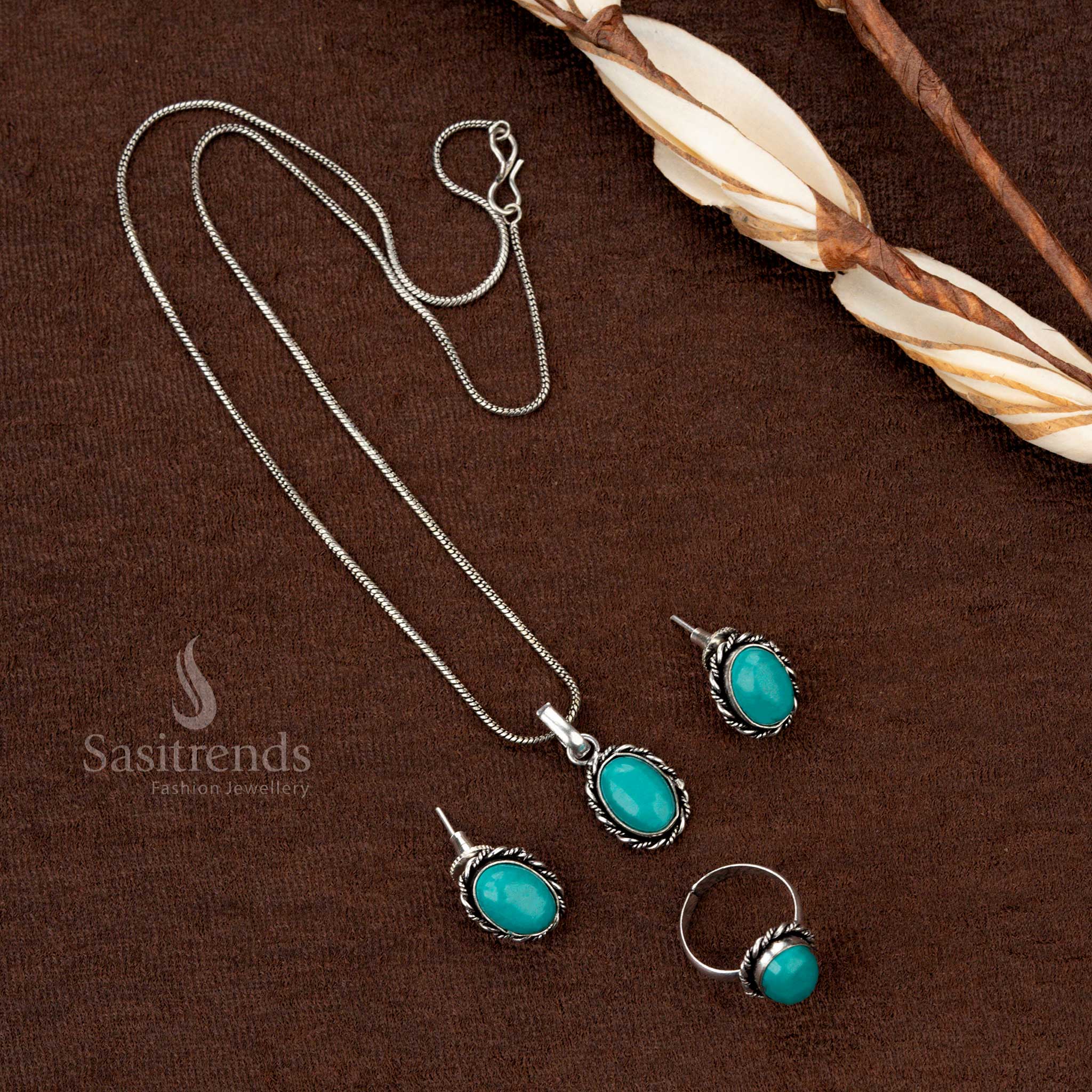 Casual wear oxidised jewellery set with earrings, ring, and pendant - Sasitrends