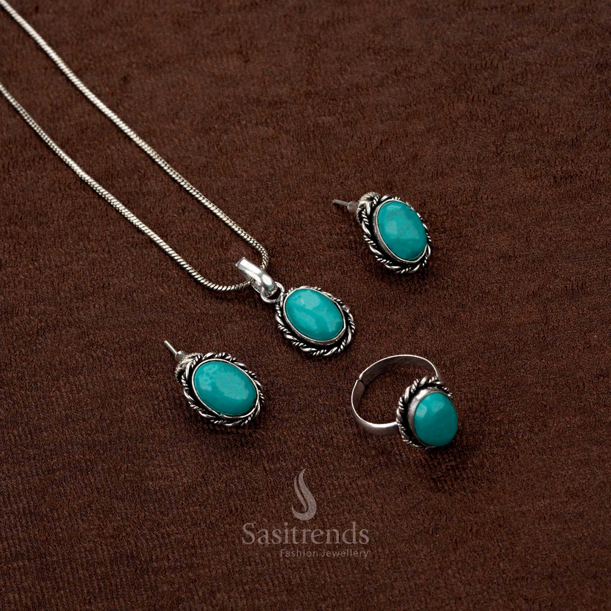 Oxidised finish chain jewellery set -with oval stone pendant and details - Sasitrends