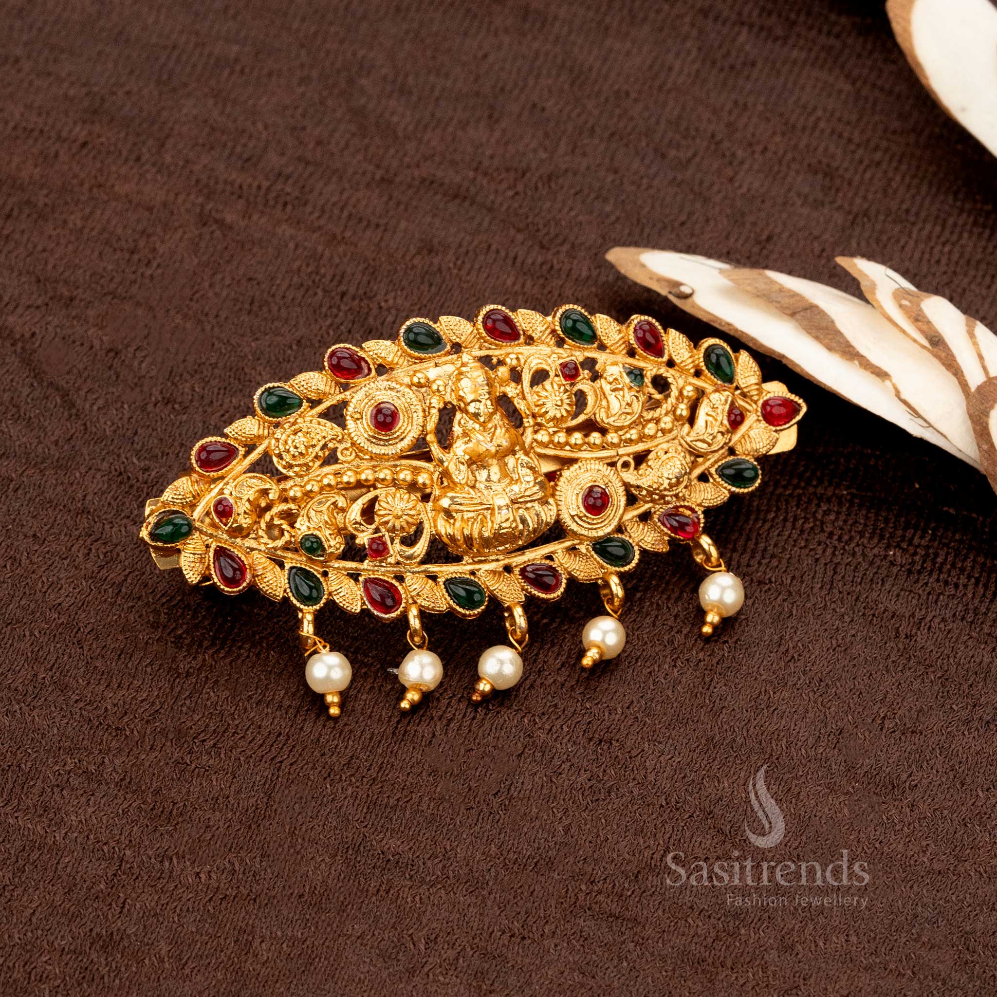 Traditional bridal Lakshmi hairpiece with delicate pearl hangings and temple-style filigree - Sasitrends