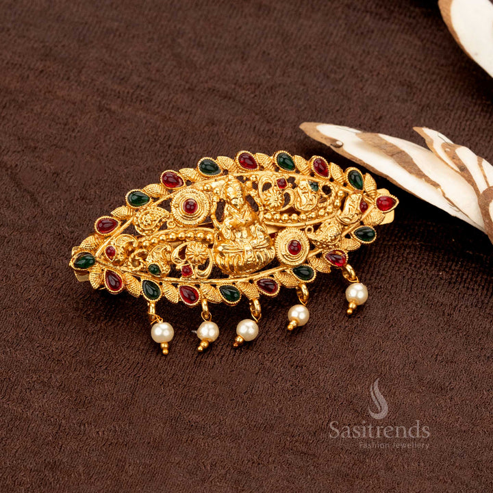 Traditional bridal Lakshmi hairpiece with delicate pearl hangings and temple-style filigree - Sasitrends